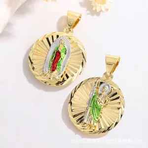 Gold Plated Brass Religious Pendant - Engraved Painted Virgin Mary St. Jude Fashion Unique Accessory