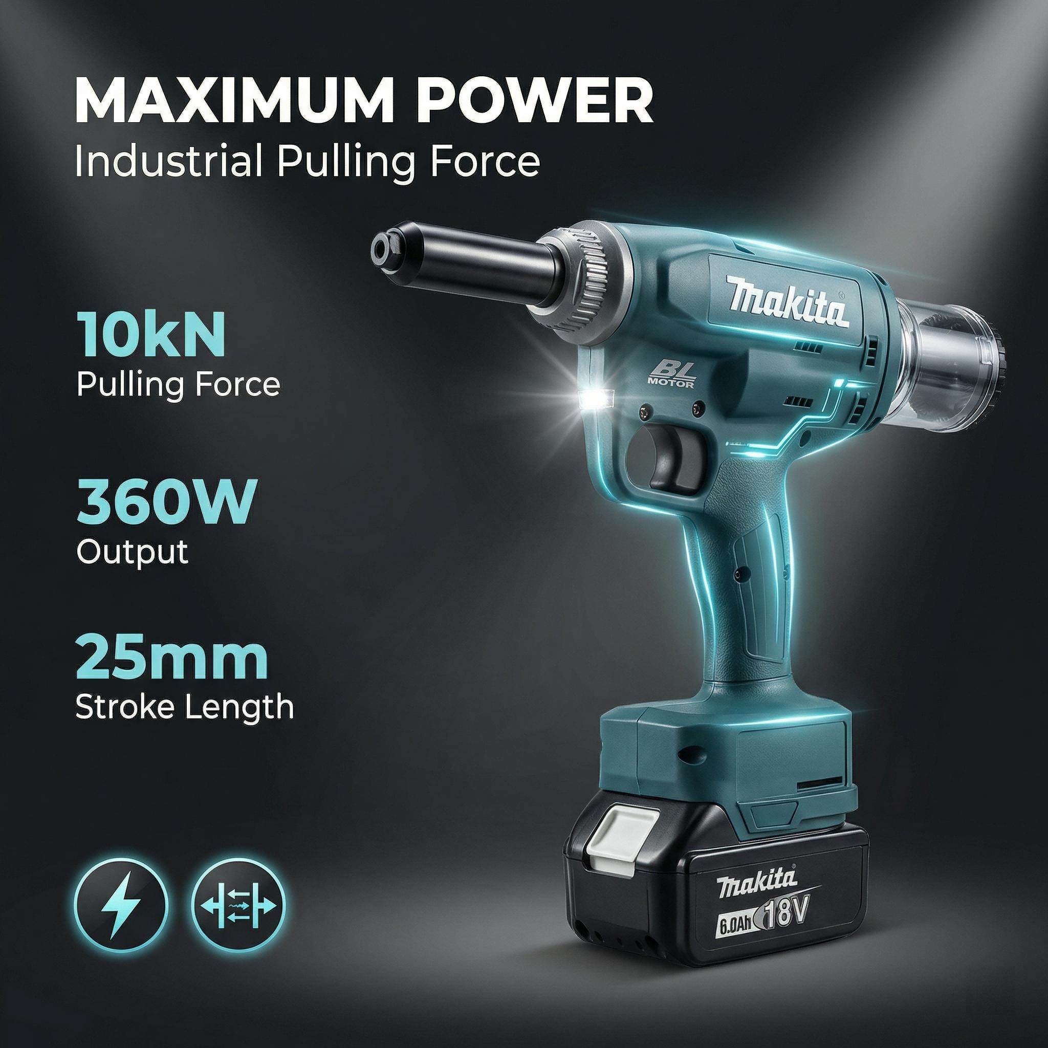 Makita Battery Rivet Gun 360W Output 25mm Stroke For Steel Aluminum Fastening Tasks tool kit set machine power cordless drill brushless great gift workshop use diy repair work