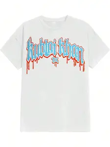 Kublai Khan Blood Font Print T-Shirt, American Dark Street Style Loose Fit Short Sleeve Top, Casual H-Type Letter Pattern, Menswear Streetwear, Casual Streetwear Looks