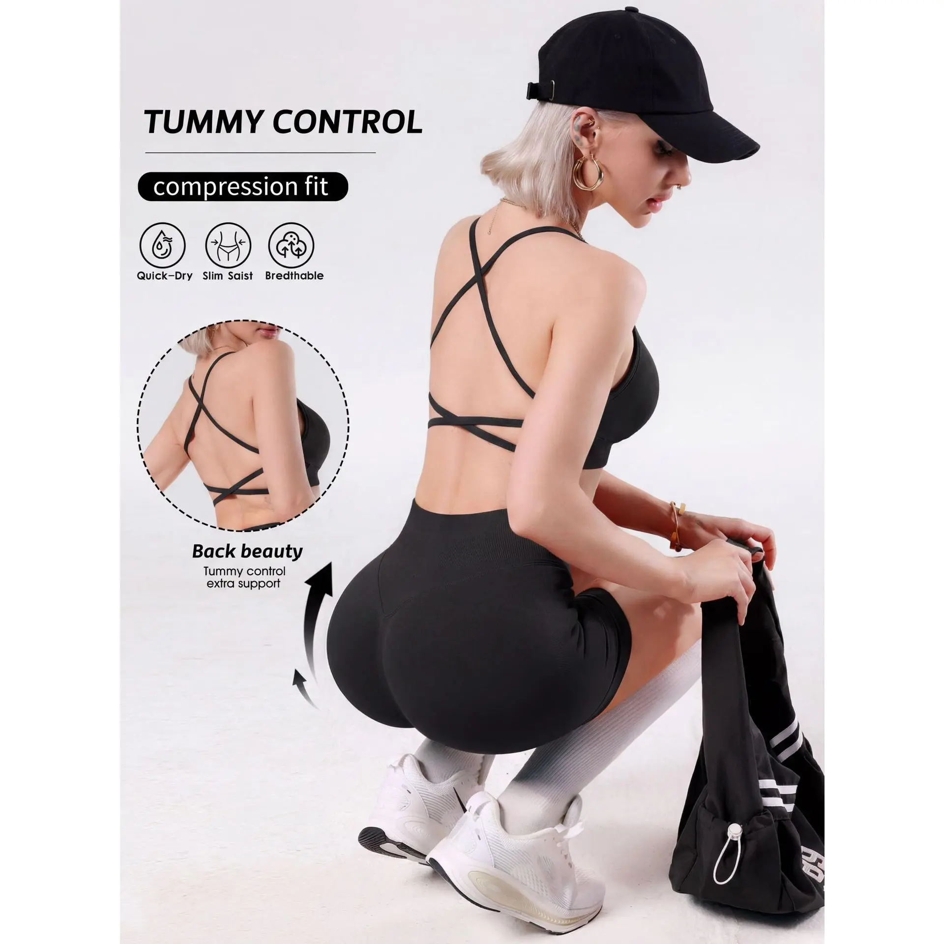 Women's 2-Piece Sporty Sports Underwear Set, Cross-Suspender Beauty Back Yoga Bra, High-Waist Belly & Hip-Lift Fitness Biker Shorts for Yoga, Fitness Women's 2-Piece Sporty Sports Underwear Set, Cross-Suspender Beauty Back Yoga Bra, High-Waist Belly & Hip-Lift Fitness Biker Shorts for Yoga, Fitness