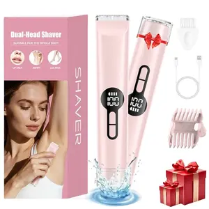 Women's Electric Shaver, 2-In-1 Dual Head Bikini Trimmer, IPX7 Waterproof Wet & Dry Use Electric Razors Shaver, Rechargeable Body Hair Trimmer for Bikini, Face, Legs, Underarms, Intimate Areas, Facial Hair Trimmer