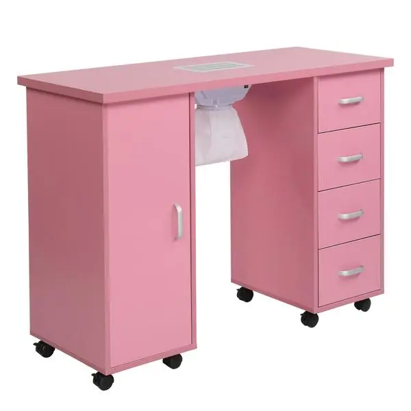 Pink Professional Commercial Salon Nail Table - Sturdy Organizer with 4 Removable Drawers, Built-in Fan, MDF Single-Door Easy-Clean Cabinet, Black Finish, Wheels for Mobility, Ample Storage Space, Adjustable, Eco-Friendly, 42.91" Wide Space, Density Board