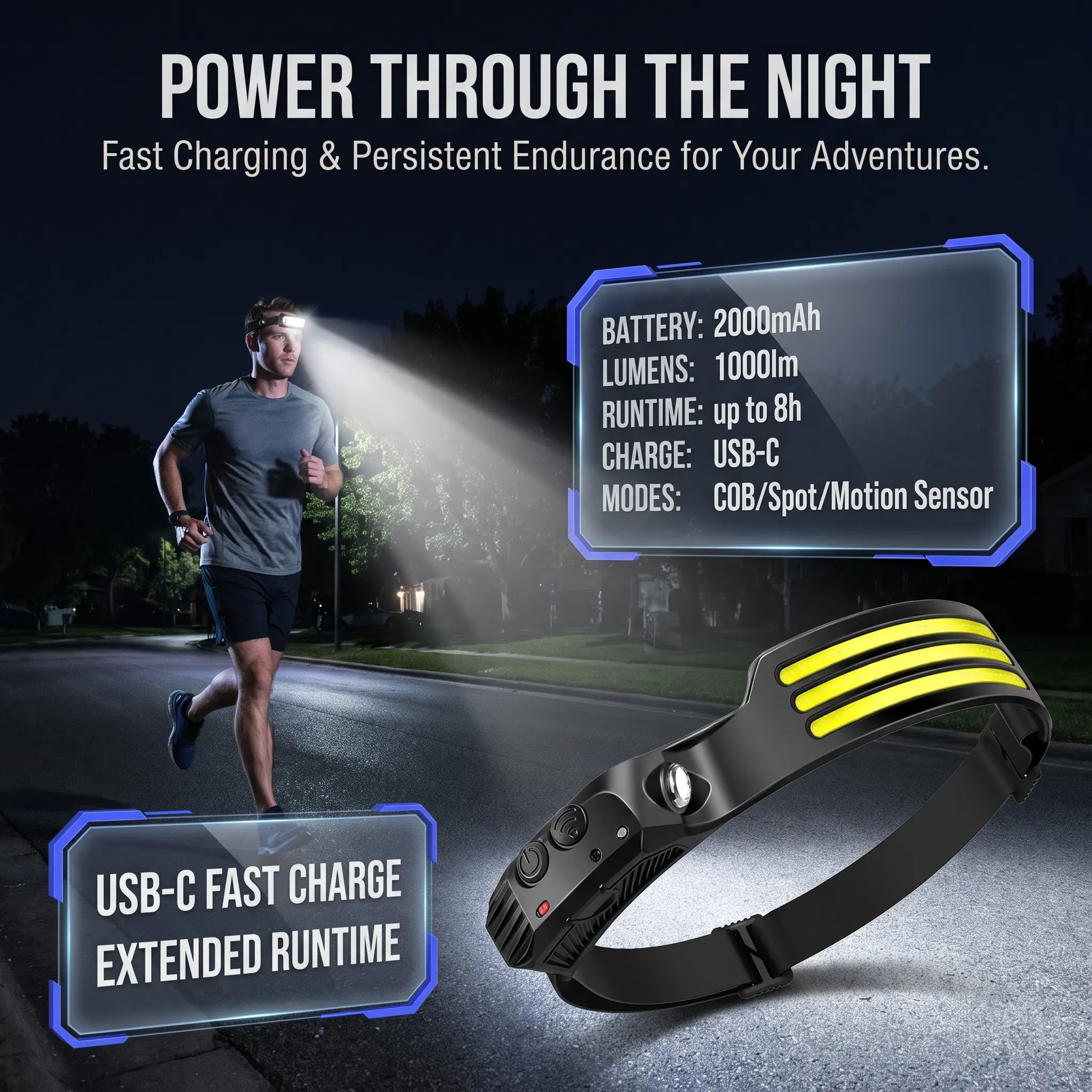 Outdoor COB sensor headlamp, USB rechargeable lightweight floodlight, waterproof ultra-bright LED headlamp with 6 lighting modes, suitable for camping, hiking, running, fishing, and outdoor activities—the perfect gift for outdoor enthusiasts.