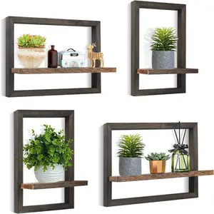 Set of 4 Wooden Floating Shelves Square Wall Mounted Modern Chic Display for Plants Decor in Living Room Bedroom Bathroom Solid Wood L+S - Decoration