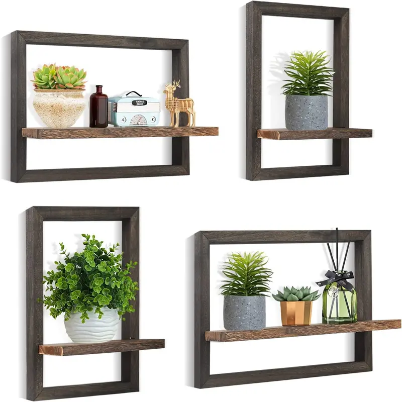 4-Piece Rustic Modern Modular Wooden Square Wall-Mounted Cube Shelf Set, Hanging Floating Wall Shelf with Space Saving Design, Home Decor for Small Spaces, Living Room, Kid Room
