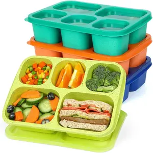 4 Pack Bento Snack Box Containers for Adults &  -  Adult Lunchable Containers with 5 Compartments for School, Work, and Travel, Wheat Straw,  (Jewel Brights)