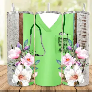 Nurse 20oz Tumbler with Floral Design and Stethoscope Motif for Healthcare Professionals Bottle Drinkware Water Bottles Cup Mug Bottled Portable Washable Reusable Flasks Stainless Steel Stylish Straw