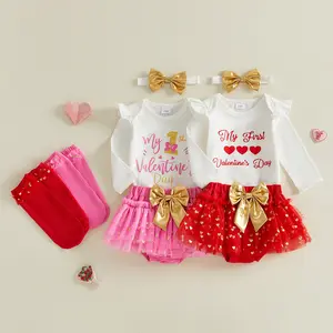 Toddler Infant Baby Girl Valentines Outfits Print Long Sleeve Romper Bow Mesh Skirt Bow Headband and Stockings 4Pcs Clothing Set 0-18 Months
