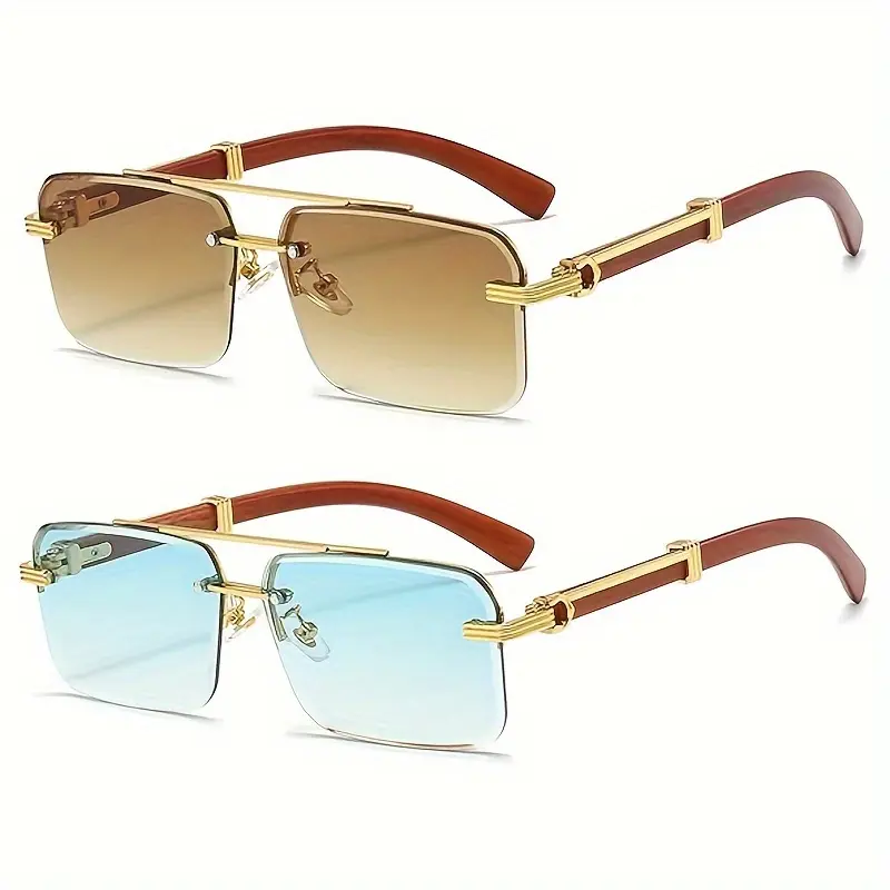 Modern Rimless Sunglasses, 2-Pair Unisex Double Bridge Metal Frame with Tinted PC Lenses for Casual Driving & Travel, Casual Sunglasses, Modern Sunglasses