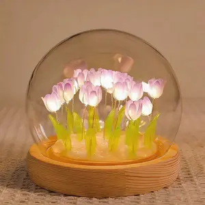 Purple Tulip Lamp Night Light with Glass Dome Cool Handmade Artificial Flower Table Lamp Bedroom Desk Decoration for Women Girlfriend Sister Besties Birthday Christmas Gift