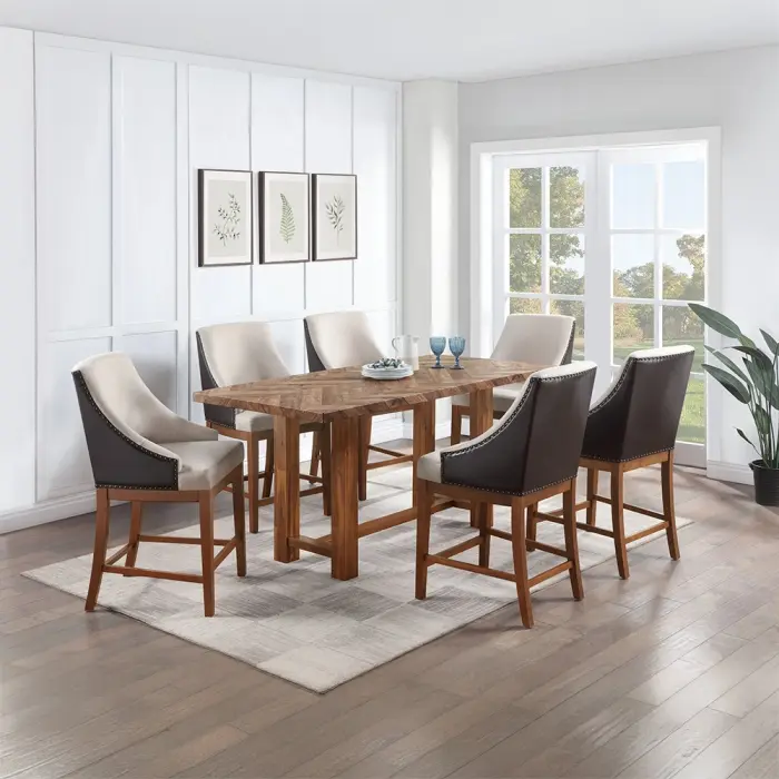 Acme DN03725-7PC 7-Piece Gilsea Brown Finish Wood Plank Look Counter Height Dining Room Set, Classic Design, 6 Side Chairs, Six Chairs
