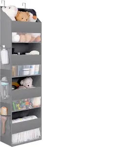Over The Door Organizer with 4 Shelves & 6 Pockets – Heavy Duty Hanging Storage Rack, Waterproof Fabric, Space Saving Door Storage for Bedroom, Nursery, Bathroom & Closet (Grey)
