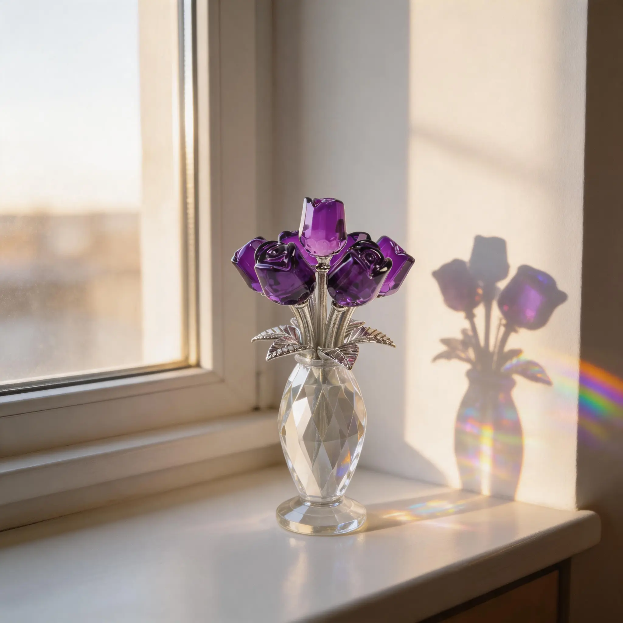 Purple Crystal Rose Bouquet (5.7") with Vase - K9 Crystal Flower Gift for Her, Graduation, Valentine's Day & Anniversary, Romantic Summer Vibes Desk Decor