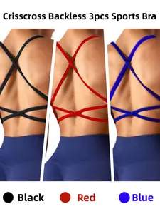 1/3 Pack Women's Seamless Comfort Stretch Sports Bra, Gym Sports Bra, Workout Bra, Strappy Sports Bras, Sporty Bra, Sportswear Bra, Training Bra, Yoga Activewear, Removable Padding, Breathable Backless Cross-Strap Design for Yoga and Fitness