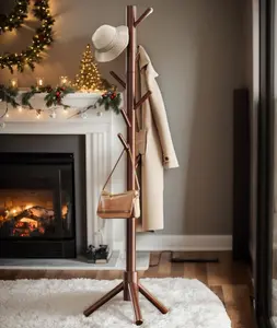 Sturdy Wooden Coat Tree with 8 Hooks, 3 Adjustable Sizes for Clothes, Hat Stand Used in Bedroom/Office/Entryway, Brown