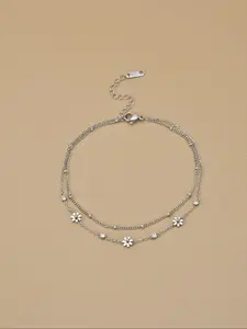 Women's Silver Color Stainless Steel Anklet, Daisy Design Layered Beach Foot Chain Jewelry, Fashionable Casual Accessory for Women