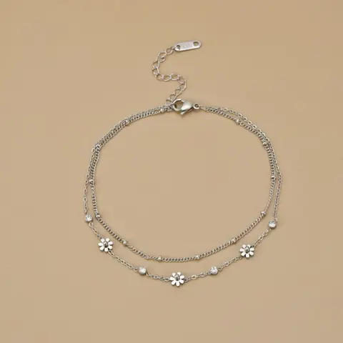 Women's Silver Color Stainless Steel Anklet, Daisy Design Layered Beach Foot Chain Jewelry, Fashionable Casual Accessory for Women, Trendy Jewelry, Adjustable Anklet, Trendy Fashionable Accessories