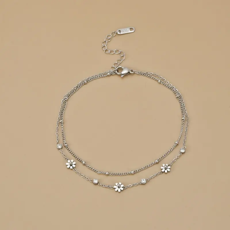 Women's Silver Color Stainless Steel Anklet, Daisy Design Layered Beach Foot Chain Jewelry, Fashionable Casual Accessory for Women, Trendy Jewelry, Adjustable Anklet, Trendy Fashionable Accessories