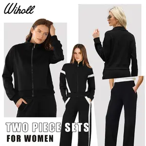 WIHOLL Women's Zip-Up Hoodie with Stand Collar & Wide-Leg Pants - Sporty Chic, Stretch Fabric, Office-to-Street Wear