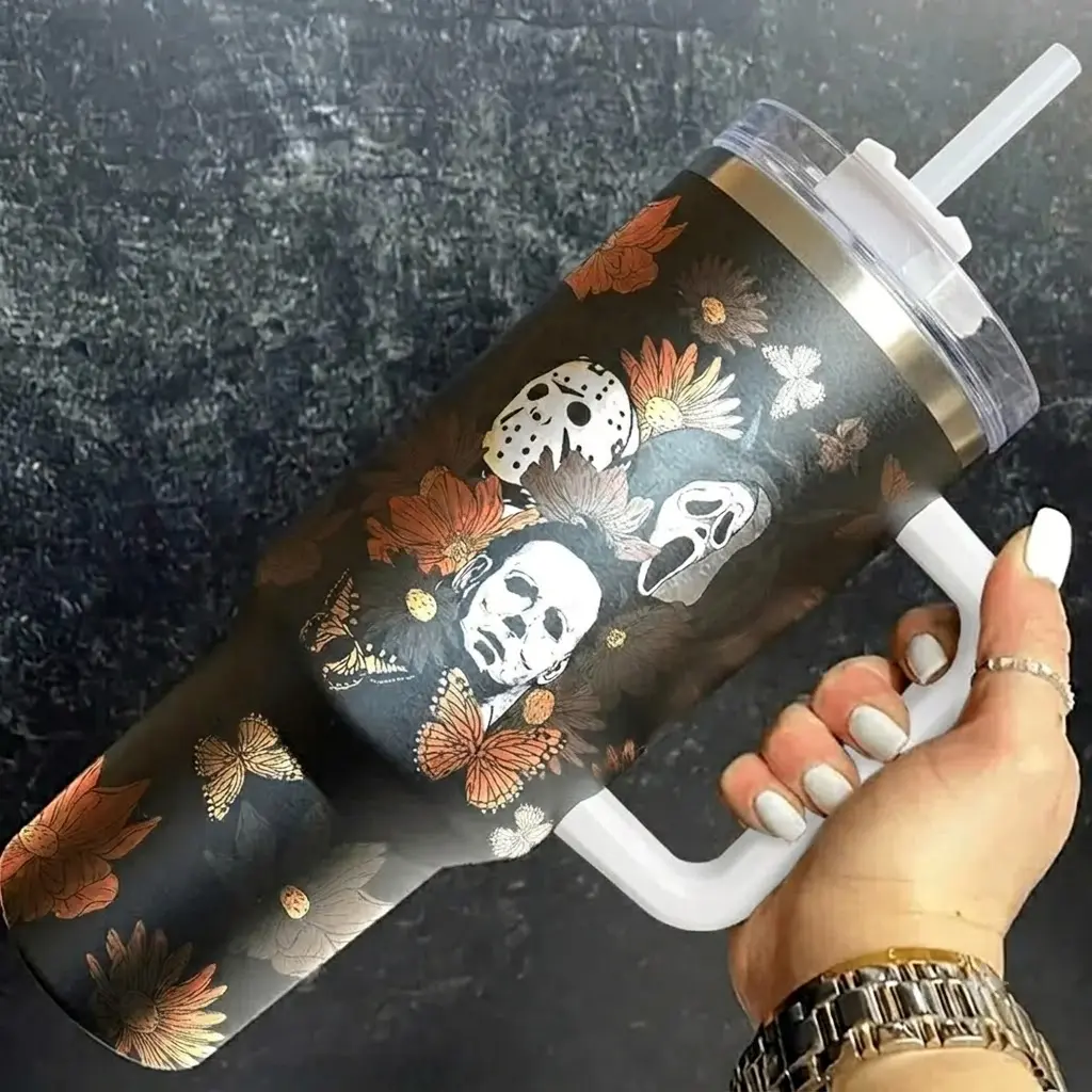 Essential Horror Icons 40oz Fall Tumbler Collection Spooky Slasher Floral Cup with Handle & Straw Insulated Hot & Cold Drinkware for Autumn