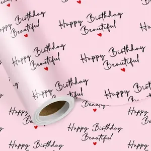 Happy Birthday Wrapping Paper Roll for Her -   Wrap with "Happy Birthday Beautiful" Script & Heart Design,  for Women, Wife, Girlfriend, Girls, Mini Roll 17 in x 16.4 ft