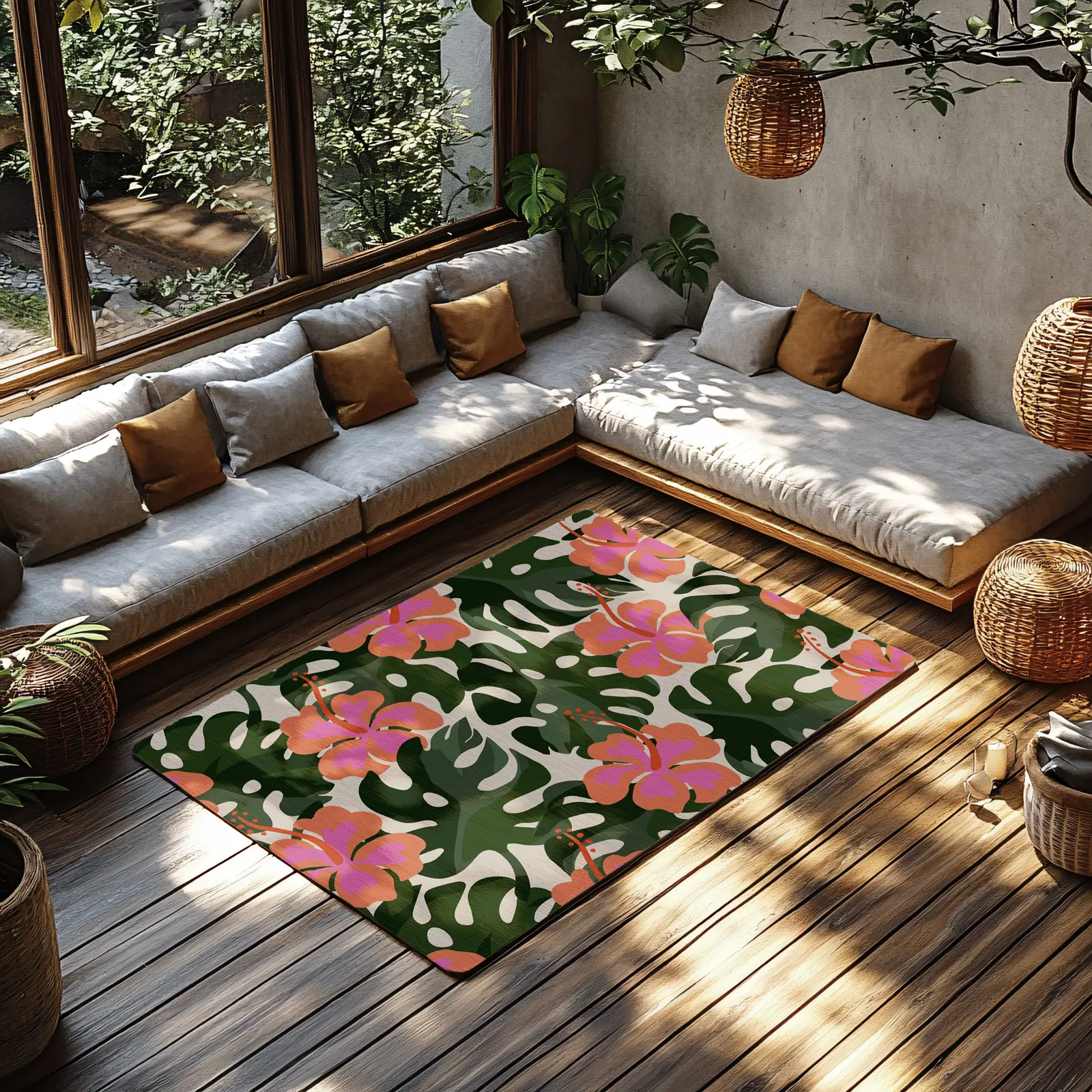 Tropical Hibiscus Outdoor Rug – Pink & Orange Summer Decor