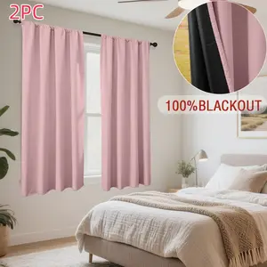2pcs Piece Set, 100% Blackout Fashion Solid Color Kitchen Curtains, Lightweight Rod Pocket Top, Dark Lining, Room Darkening Drapes, Easy Install Curtain