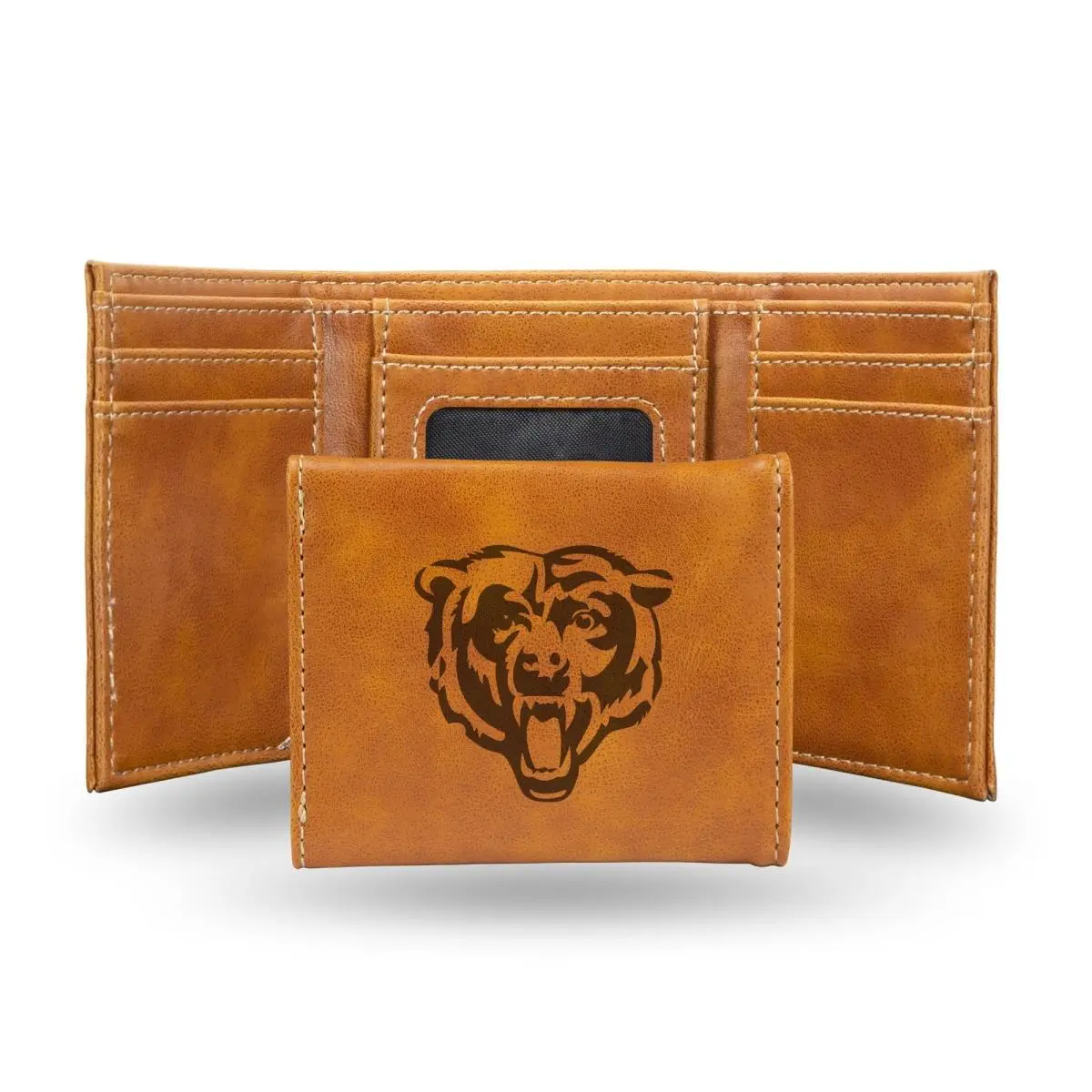Rico Men's NFL Chicago Bears Brown Faux Leather Laser Engraved Trifold Wallet - Trifold Card Holder with Black Logo, Collectible Men's Accessory
