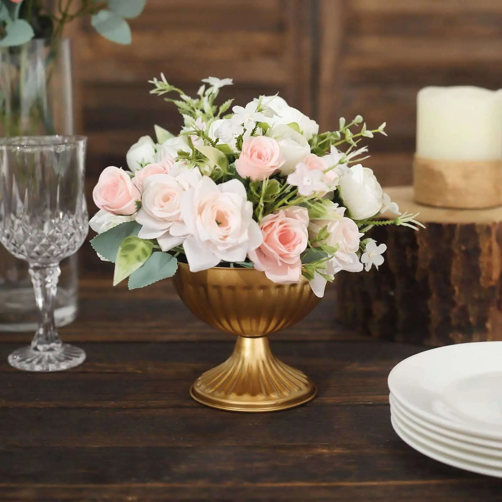 2-Pack Metal Pedestal Flower Vases Ribbed Bowl Style Gold - Antique Mini Compote Vase for Sophisticated Wedding Centerpieces 4"