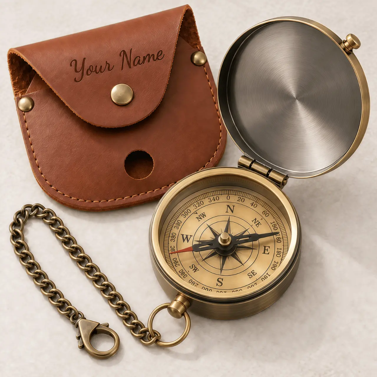 Personalized Antique Brass Pocket Compass Set with Custom Name or Date, Leather Carry Pouch and Metal Safety Chain, Portable Navigation Gift for Travelers, Campers, Graduates, Dad and Husband