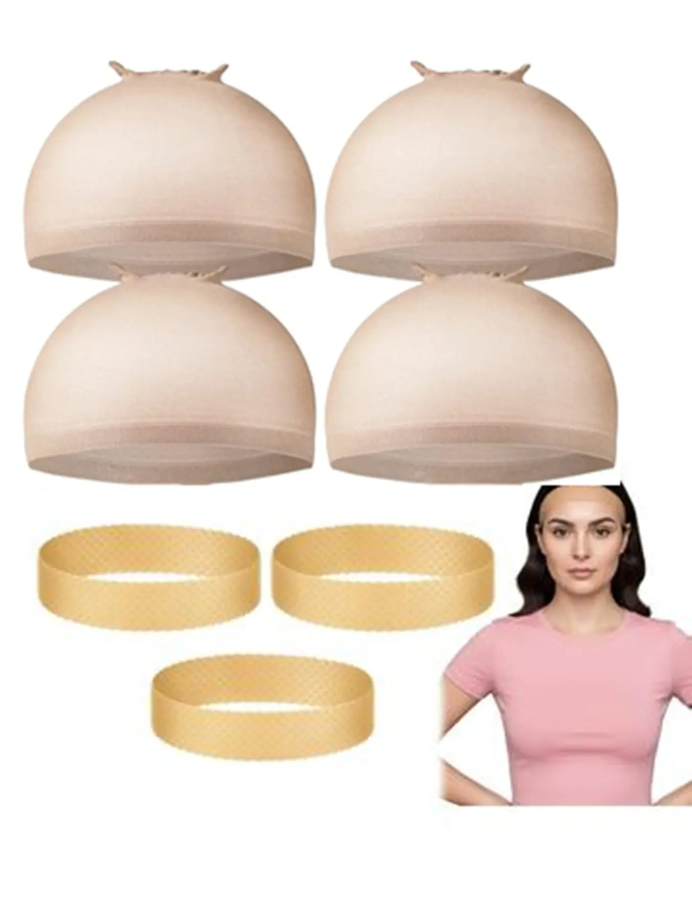 Silicone Wig Grip Band Set Accessories, Includes 3 Skin Tone Bands & 4 Stocking Caps, Ensures Secure Fit for All Day Comfort, Hypoallergenic Material