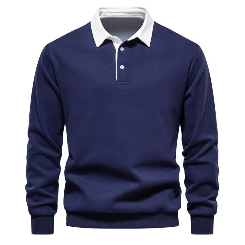 Men's Long Sleeve Polo Shirts Slim-fit Cotton Rugby Shirt Basic Color Spliced Designed Sweatshirt Black Menswear