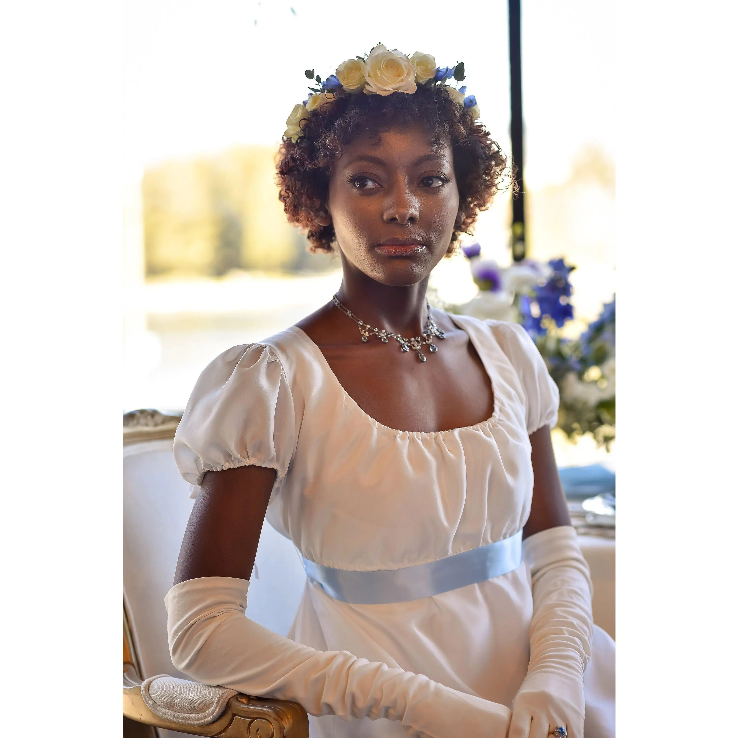 Women's White Silk Regency Ball Gown - Formal Long Low Neck Pull-On Dress with Adjustable Ribbon, 38-Inch Fit Skirt, Thin Silk Fabric, Drawstring Sleeves