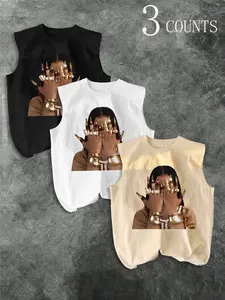Men's Three-Piece Trendy Casual Sleeveless Vest Set, Stylish Tank, Face-Wiping Woman Print, Perfect for Summer, Vacation, Friend Gatherings