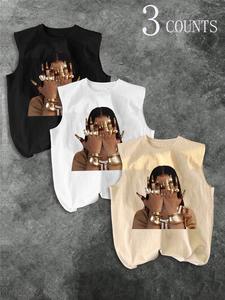 Men's Three-Piece Trendy Casual Sleeveless Vest Set, Face-Wiping Woman Print, Perfect for Summer, Vacation, Friend Gatherings