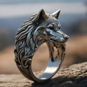 Vintage Wolf Head Ring for Men Trendy Animal Bold Hip-Hop Personality Open Ring