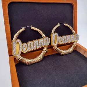 Custom Name and Background Gold Bamboo Hoop Earrings