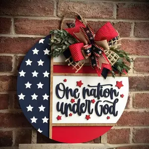 Patriotic Wooden Round Door Hanger, Country Style with Bowknot and Greenery, Star and Stripe Design, Decorative Wood Craft