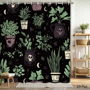 Gothic Black & Green Botanical Skull Shower Curtain - Large 70.8x70.8 Inch -Free Bathroom Window Cover, Easy-Clean with 12 Hooks for Spooky Home Decor, 2D Flat