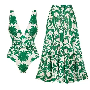 FLAXMAKER Women's V Neck Green Print Tummy Control One Piece Swimsuit and Matching Dress Set Swimming Dress Tankini Swimdress Bathing Suit Stylish Beachwear