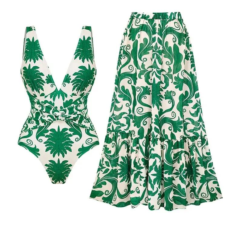 FLAXMAKER Women's V Neck Green Print Tummy Control One Piece Swimsuit and Matching Dress Set Swimming Dress Tankini Swimdress Bathing Suit Stylish Beachwear #Summervibes , (Size S-L, Runs Small, Size Up Recommended) outdoorfun #SwimWeek tiktokshopbacktosc