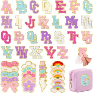 72 Pcs Preppy Chenille Self Adhesive Patches for DIY Clothing, includes 52 A-Z Chenille Letter Patches, 20 Rainbow Flower Lighting Bowknot Embroidered Patches for Backpacks Bags Hats