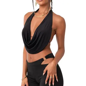 Women's Summer Halterneck Tops Casual Front Draped Bandage Backless Sleeveless Black Crop Streetwear Tops