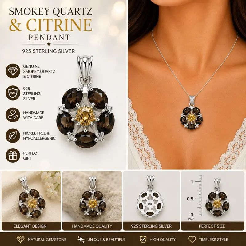 Smoky Quartz & Citrine Flower Pendant | Genuine Gemstones | .925 Sterling Silver
