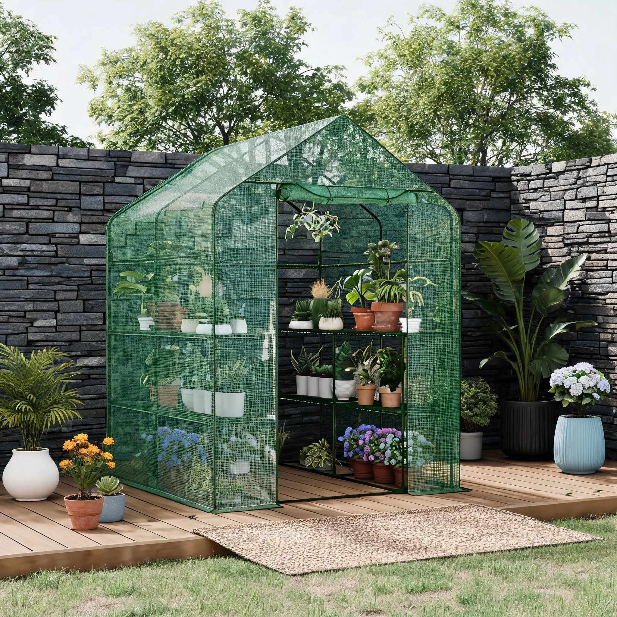 Walk-in Greenhouse with Thickened PE Cover, 3 Tiers Shelves (12 Total), Steel Frame Portable Unit, Outdoor Garden Accessories with Window for Backyard Plant Protection