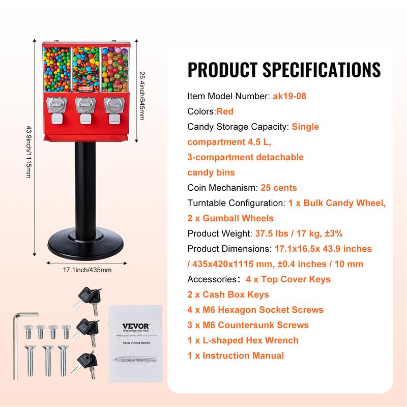 VEVOR Commercial Vending Machine,  , Triple Compartment Candy Dispenser with Iron Stand, Gumball and Candy Machine for Business, Coin Operated Gumball Bank for Toy Capsules Bouncy Balls Candy Nut, Red