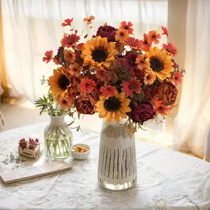8pcs Artificial Mixed Flower Fall Flowers Arrangement, Sunflower Peony Daisy Vintage Vase Style, Home Decor Wedding Thanksgiving Halloween Harvest Centerpiece