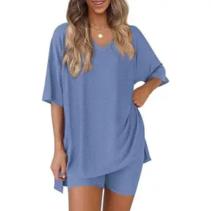 Viral Sexy V-Neck Oversized Split Hem Lounge Set - 2PC Shorts Outfit