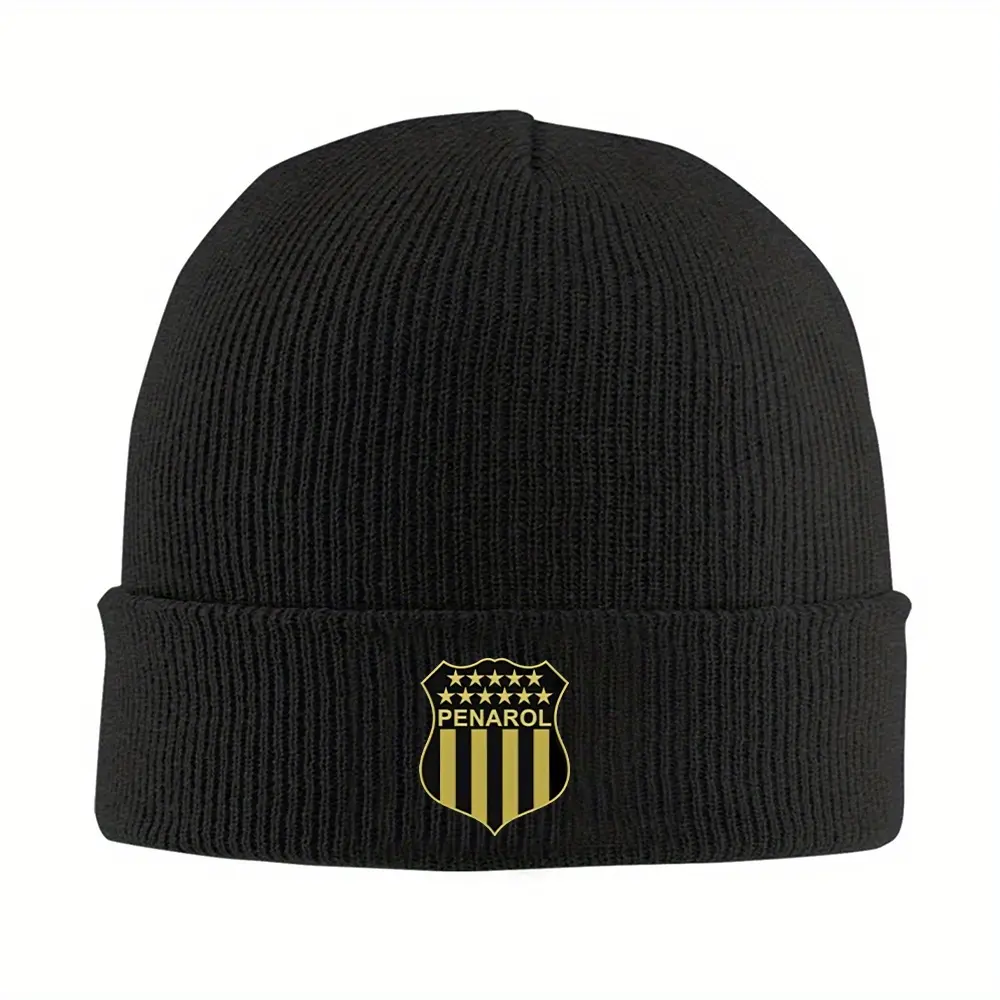 S&T  Peñarol Uruguay Football Club Official Knitted Headgear - Heavy Black Winter Hat with Team Shield Logo, Suitable for Football Fans' Cold-Proof and Warm Knitted Hat, Christmas, Halloween Gift - Universal Size for Adults and Teenagers, Casual Sports