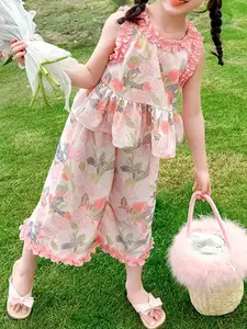 New Summer Girls' Set, Fashion Clothing, Custom Fit Long Pants, Little Girl Summer, 2 Piece Set, Floral Print Set